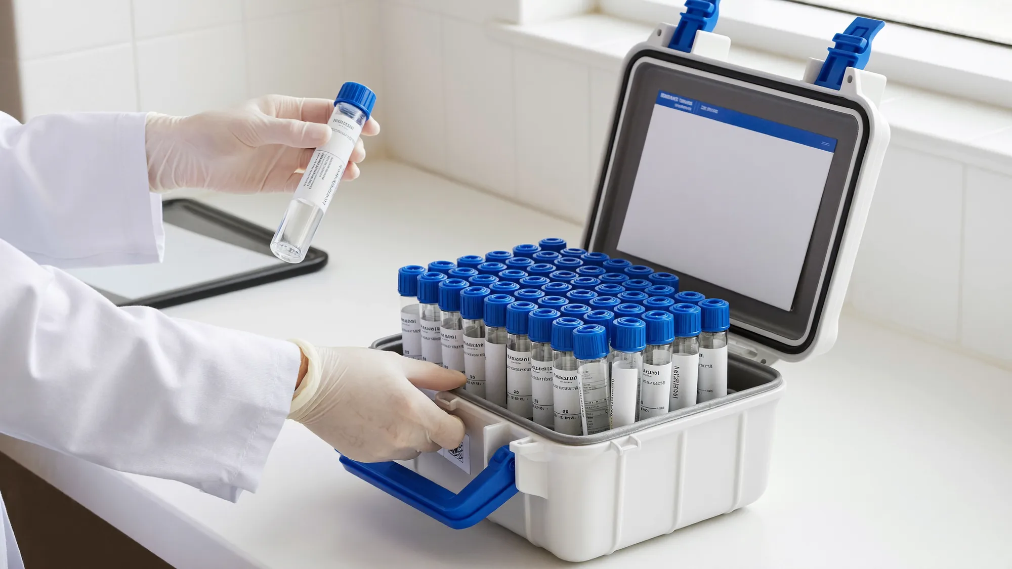 Labelled specimens placed into a transport cooler